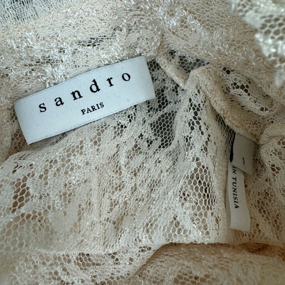 Sandro Paris Women's Cream Lace Eyelet Blouse Mock Neck Ruffle Sleeve Sz 1‎ US S - Picture 4 of 9